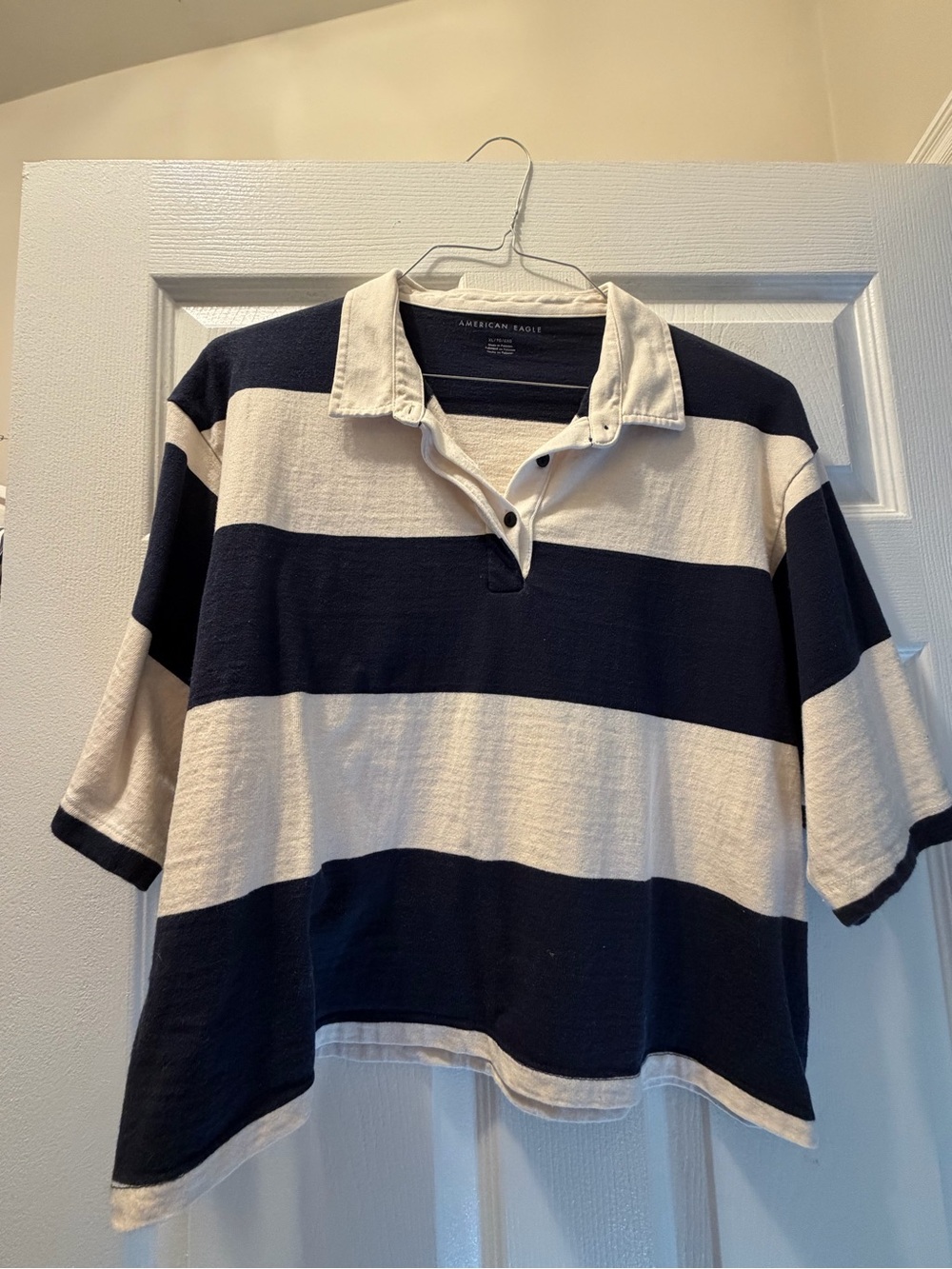 American Eagle Outfitters Navy and White Horizontal Stripe Rugby Polo